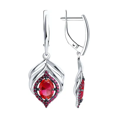 Серьги из серебра с корундами рубиновыми (синт.) и красными фианитами из серебро