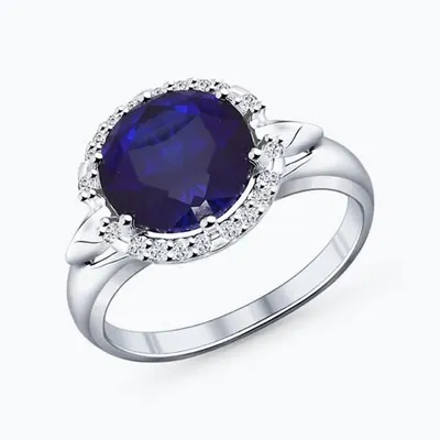 Кольцо из серебра с корундом сапфировым (синт.) и фианитами из серебро