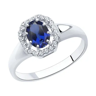 Кольцо из серебра с корундом сапфировым (синт.) и фианитами из серебро