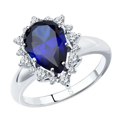 Кольцо из серебра с корундом сапфировым (синт.) и фианитами из серебро