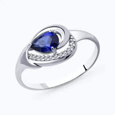 Кольцо из серебра с синим корунд (синт.) и фианитами из родированное серебро