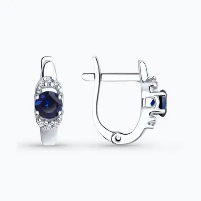 Серьги из серебра с корундами сапфировыми (синт.) и фианитами из родированное серебро