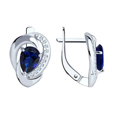 Серьги из серебра с синими корунд (синт.) и фианитами из родированное серебро