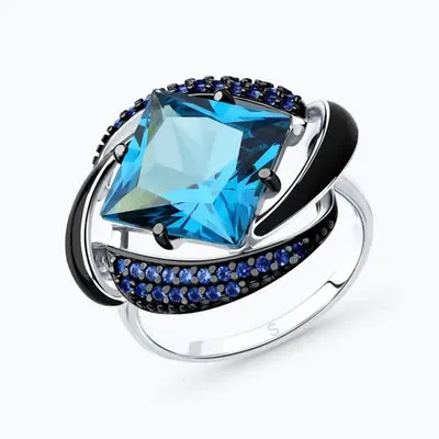 Кольцо из серебра с эмалью с синим ситаллом и синими фианитами из родированное серебро