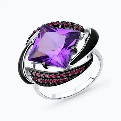Кольцо из серебра с эмалью с сиреневым ситаллом и красными фианитами из родированное серебро