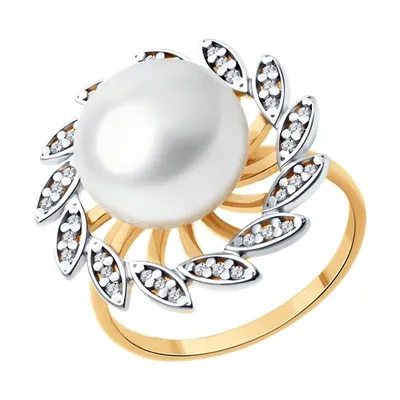 Кольцо из золочёного серебра с жемчугом и фианитами из серебро