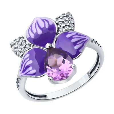 Кольцо из серебра с аметистом, фианитом и эмалью из серебро