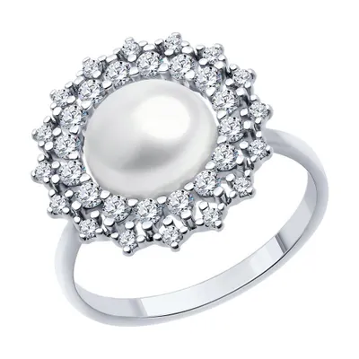 Кольцо из серебра с жемчугом и фианитами из серебро