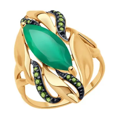 Кольцо из золочёного серебра с агатом и фианитами из серебро