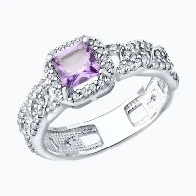 Кольцо из серебра с аметистом и фианитами из родированное серебро