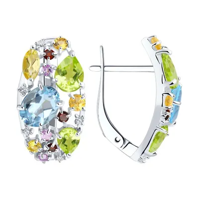 Серьги из серебра с миксом полудрагоценных  камней из серебро