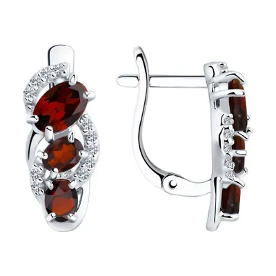 Серьги из серебра с гранатами и фианитами из родированное серебро