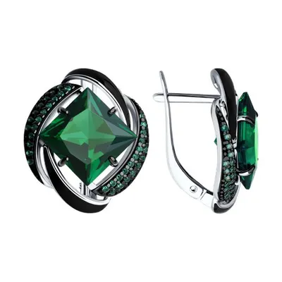 Серьги из серебра с эмалью с зелеными ситаллами и зелеными фианитами из серебро