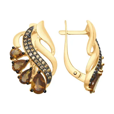 Серьги из золочёного серебра с раухтопазами и фианитами из серебро