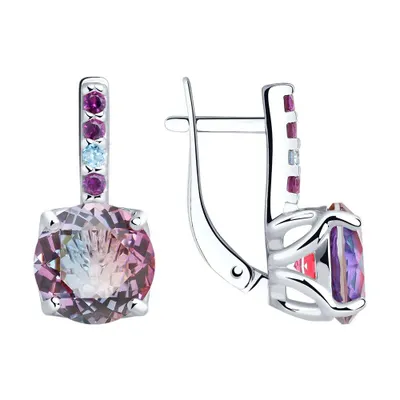 Серьги из серебра с ситаллами и голубыми и сиреневыми фианитами из родированное серебро