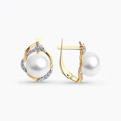 Серьги из золочёного серебра с жемчугом и фианитами из золочение розовое