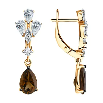 Серьги из золочёного серебра с раухтопазами и фианитами из серебро