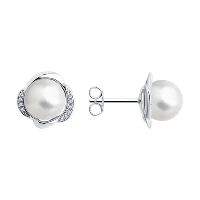 Серьги из серебра с жемчугом и фианитами из серебро