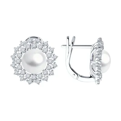 Серьги из серебра с жемчугом и фианитами из серебро