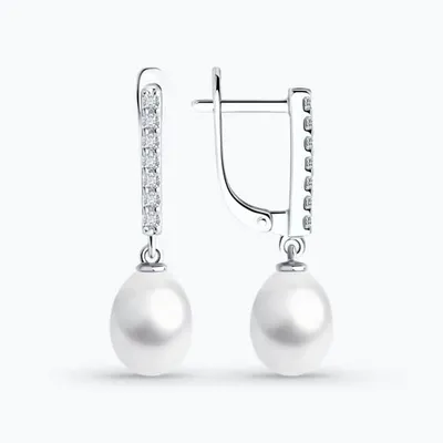 Серьги из серебра с жемчугом и фианитами из родированное серебро