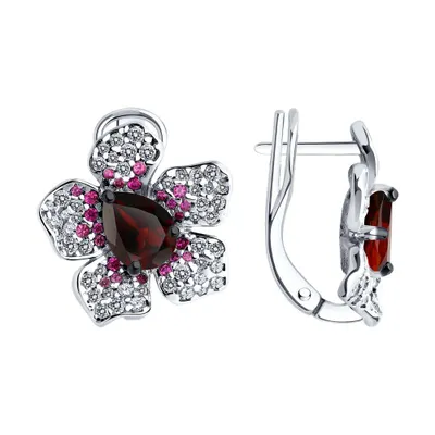 Серьги из серебра с гранатом, корундами и фианитами из серебро