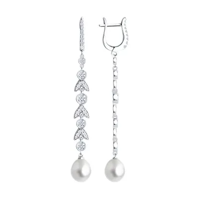 Серьги из серебра с жемчугом и фианитами из серебро