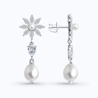 Серьги из серебра с жемчугом и фианитами из серебро