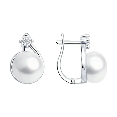 Серьги из серебра с жемчугом и фианитами из серебро