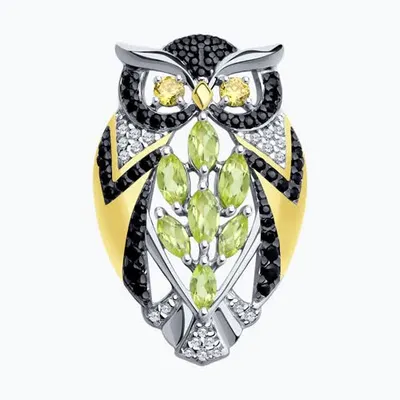 Брошь из золочёного серебра с хризолитами и фианитами из серебро