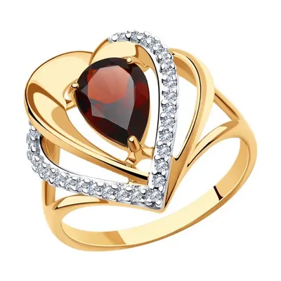 Кольцо из золочёного серебра с гранатом и фианитами из серебро