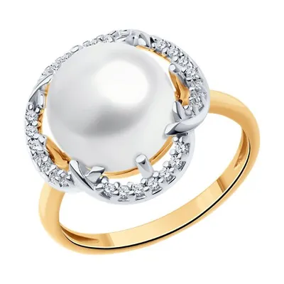 Кольцо из золочёного серебра с жемчугом и фианитами из серебро