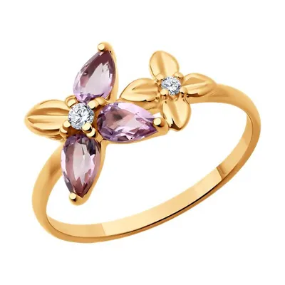 Кольцо из золочёного серебра с аметистами и фианитами из серебро