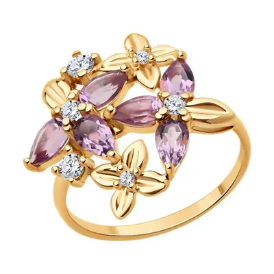 Кольцо из золочёного серебра с аметистами и фианитами из серебро