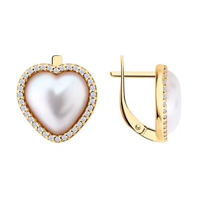 Серьги из золочёного серебра с синтетическим жемчугом и фианитами из серебро