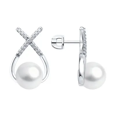 Серьги из серебра с синтетическим жемчугом и фианитами из серебро