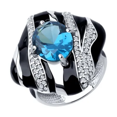 Кольцо из серебра с ситаллом, фианитами и эмалью из серебро