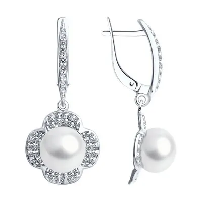 Серьги из серебра с жемчугом и фианитами из серебро