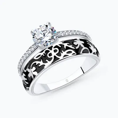 Кольцо из серебра с чёрной эмалью и фианитом из серебро