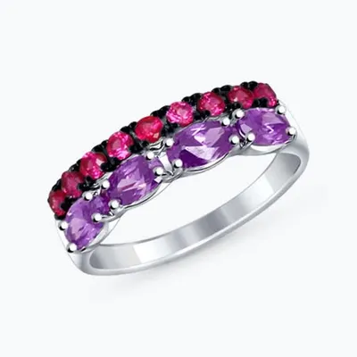 Кольцо из серебра с красными и сиреневыми фианитами из серебро
