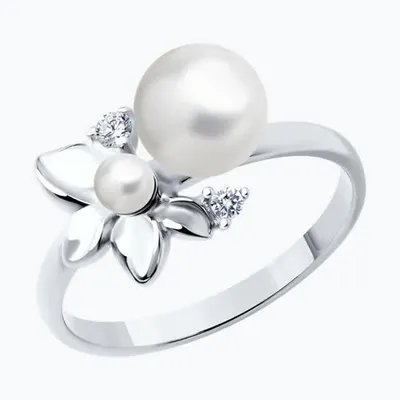 Кольцо из серебра с жемчугом и фианитами из родированное серебро