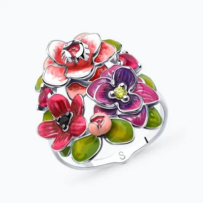 Кольцо из серебра с эмалью и фианитами из родированное серебро