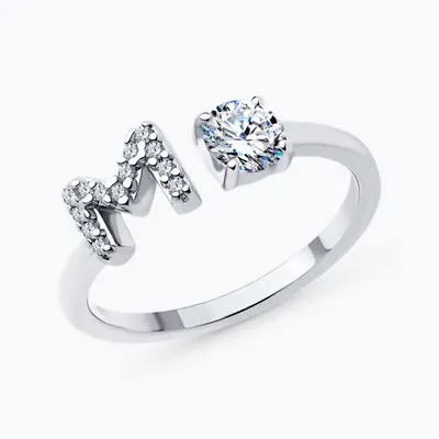 Кольцо из серебра с фианитами с буквой «М» из родированное серебро