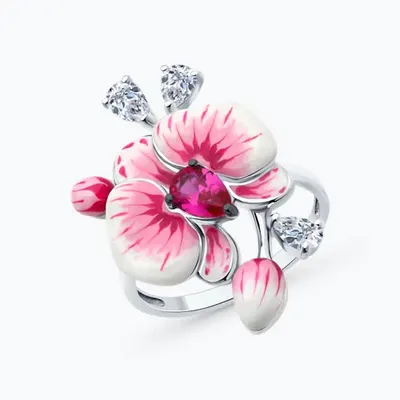 Кольцо из серебра с корундом, фианитами и эмалью из родированное серебро