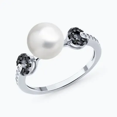 Кольцо из серебра с синтетическим жемчугом и фианитами из серебро