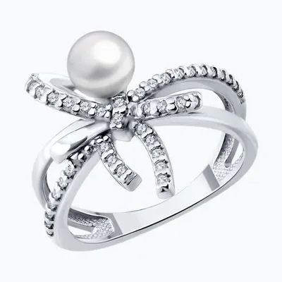 Кольцо из серебра с синтетическим жемчугом и фианитами из серебро