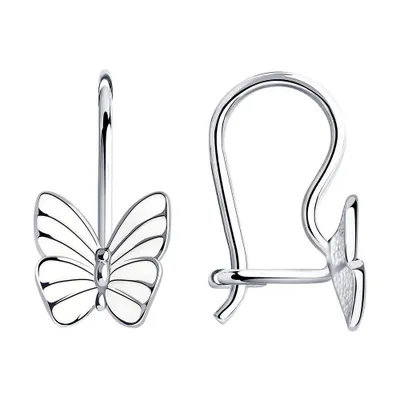 Детские серьги с белыми бабочками с эмалью из серебро