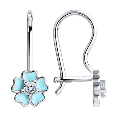 Детские серьги с голубыми цветками с эмалью и фианитом из серебро