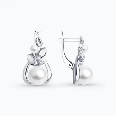 Серьги из серебра с жемчугом и фианитами из серебро