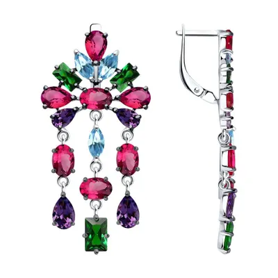 Серьги из серебра с корундами и фианитами из серебро