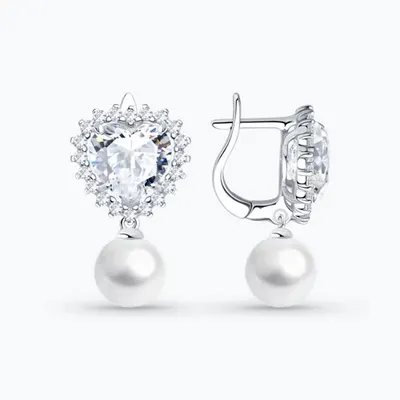 Серьги из серебра с синтетическим жемчугом и фианитами из серебро